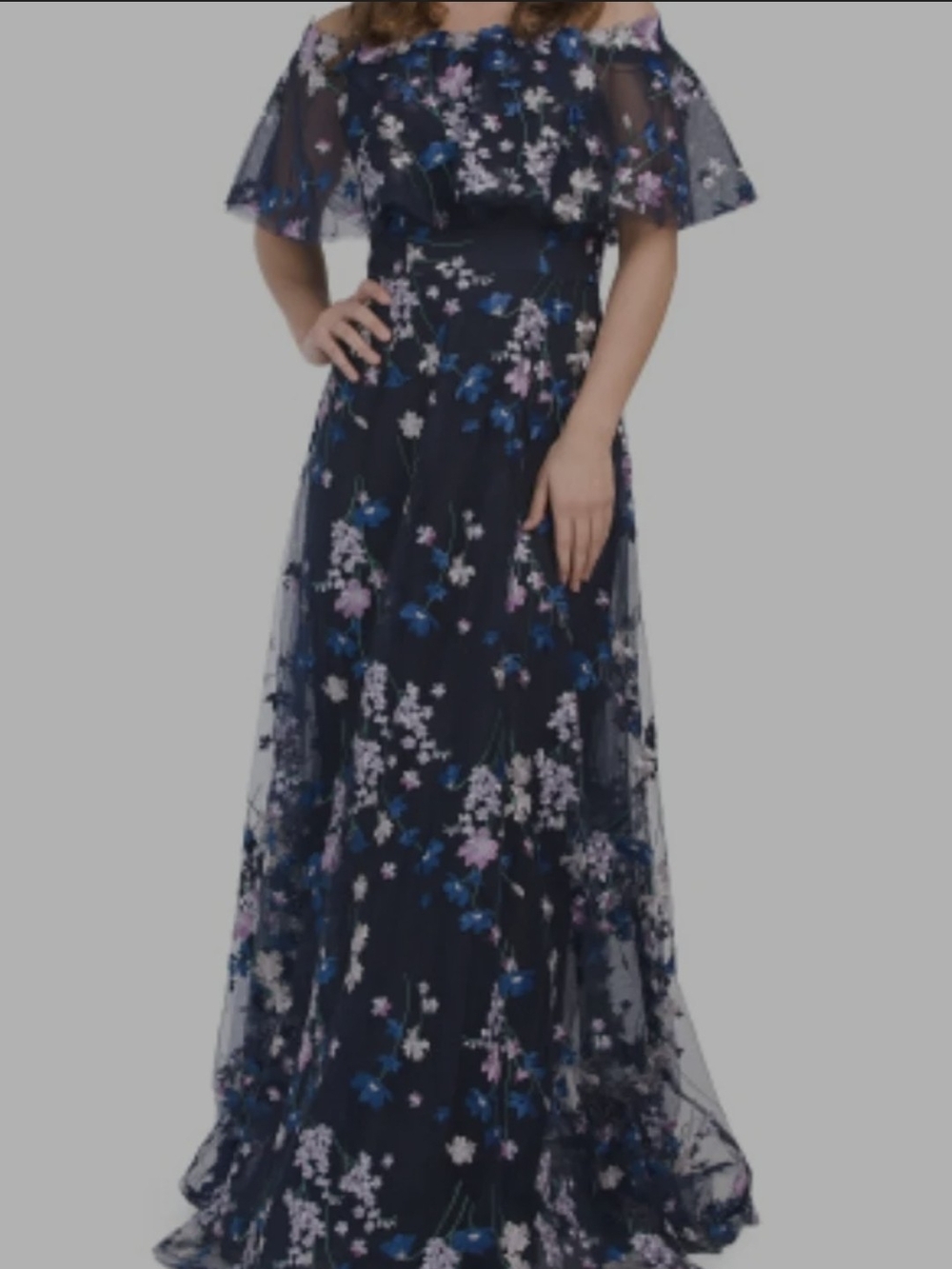Used Teri Jon Wildflower Embroidered Maxi Gown Navy Floral BRIDAL WEDDING